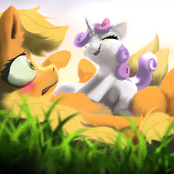 Size: 1445x1445 | Tagged: safe, artist:imadeoos, applejack, sweetie belle, earth pony, pony, unicorn, g4, blushing, cuddling, cute, diasweetes, eyes closed, gritted teeth, hape, hug, lying down, misleading thumbnail, nervous, non-consensual cuddling, nostrils, on back, on top, personal space invasion, sitting on person, sitting on pony, smiling
