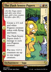 Size: 375x523 | Tagged: safe, artist:andypriceart, edit, flash sentry, tiberius, opossum, pegasus, pony, g4, armor, ccg, magic the gathering, male, royal guard, royal guard armor, stallion, trading card, trading card edit, yawn