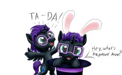 Size: 2575x1591 | Tagged: safe, artist:vasillium, oc, oc only, oc:nox (rule 63), oc:nyx, alicorn, pony, accessory, adorable face, adorkable, alicorn oc, brother, brother and sister, bunny ears, colt, cute, cutie mark, diabetes, dialogue, dork, exclamation point, eyebrows, eyelashes, eyes open, family, female, filly, glasses, happy, hat, heartwarming, horn, looking, looking at you, looking up, magic trick, male, nostrils, nyxabetes, open mouth, prince, princess, question, question mark, r63 paradox, royalty, rule 63, rule63betes, self paradox, self ponidox, shield, siblings, simple background, sisters, smiling, speech bubble, spread wings, sweet, symbol, talking, talking to viewer, text, transparent background, twins, wall of tags, wings, wizard hat