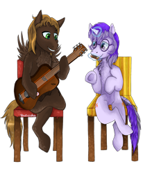 Size: 1126x1365 | Tagged: safe, artist:panininha, oc, oc:glass sight, oc:mellow rhythm, pegasus, pony, unicorn, beard, chair, chest fluff, cute, duo, facial hair, female, glasses, guitar, guitar pick, harmonica, looking at each other, magic, magic aura, male, mare, music, musical instrument, oc x oc, shipping, simple background, sitting up, smiling, stallion, transparent background, underhoof