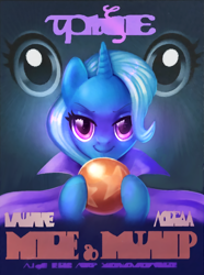Size: 914x1226 | Tagged: safe, edit, edited screencap, editor:xbi, screencap, trixie, pony, unicorn, g4, no second prances, ball, cover art, cropped, eye, eyes, female, greek alphabet, looking at you, magician, mare, solo, text, trixie's poster, written equestrian