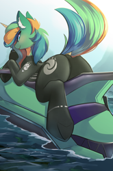 Size: 2054x3111 | Tagged: safe, artist:beardie, oc, oc only, oc:sunny sandbar, pony, unicorn, butt, cute, dock, female, high res, jet ski, looking at you, looking back, looking back at you, mare, outdoors, plot, raised tail, smiling, solo, tail, underhoof, water, wetsuit
