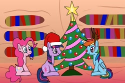 Size: 1280x854 | Tagged: safe, artist:platinumdrop, pinkie pie, rainbow dash, twilight sparkle, pony, unicorn, g4, antlers, christmas, christmas tree, hat, holiday, red nose, request, santa hat, tree, unicorn twilight