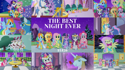 Size: 1942x1093 | Tagged: safe, edit, edited screencap, editor:quoterific, screencap, applejack, bruce mane, carrot top, diamond mint, eclair créme, fine line, fluttershy, golden harvest, jangles, lemon hearts, masquerade, maxie, minuette, opalescence, orion, pinkie pie, prince blueblood, princess celestia, rainbow dash, rarity, shooting star (character), soarin', spike, twilight sparkle, alicorn, cat, dragon, earth pony, horse, pegasus, pony, unicorn, g4, season 1, the best night ever, angry, clothes, collage, dress, eyes closed, flutterrage, food, gala dress, laughing, mane seven, mane six, messy mane, mouse horse, open mouth, pie, unicorn twilight, you're going to love me
