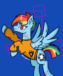 Size: 842x1011 | Tagged: safe, artist:starlight-j, rainbow dash, pegasus, pony, g4, alternate hairstyle, alternate universe, clothes, cyberpunk, flying, solo, sweater