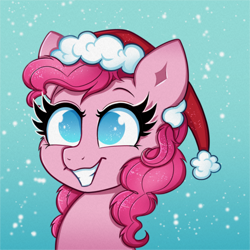 Size: 2000x2000 | Tagged: safe, artist:confetticakez, pinkie pie, earth pony, pony, g4, blue background, bust, christmas, clothes, cute, diapinkes, female, grin, hat, high res, holiday, mare, no pupils, portrait, santa hat, simple background, smiling, snow, solo