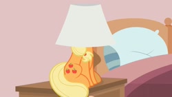 Size: 1676x944 | Tagged: safe, artist:forgalorga, applejack, earth pony, pony, your little cat 4, your little pets, g4, bed, female, lamp, lampshade, mare, silly, silly pony, sitting, sneaky, who's a silly pony
