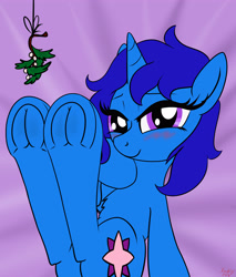 Size: 3400x4000 | Tagged: safe, artist:littlenaughtypony, part of a set, oc, oc only, oc:delly, pony, unicorn, blushing, christmas, commission, fetish, frog (hoof), holiday, hoof fetish, looking at you, mistleholly, solo, underhoof, ych result