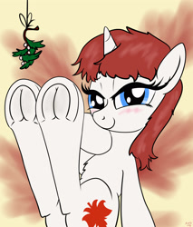 Size: 3400x4000 | Tagged: safe, artist:littlenaughtypony, part of a set, oc, oc only, oc:amber reverie, pony, unicorn, blushing, christmas, commission, fetish, frog (hoof), holiday, hoof fetish, looking at you, mistleholly, solo, underhoof, ych result