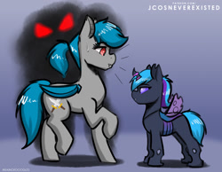 Size: 1024x793 | Tagged: safe, artist:jcosneverexisted, oc, oc only, oc:clover knight, oc:lucy (changeling), bat pony, changeling, pony, aura, female, filly, looking at each other, mare, purple changeling