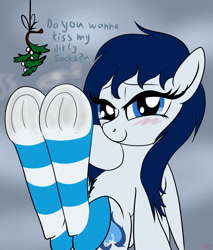 Size: 3400x4000 | Tagged: safe, artist:littlenaughtypony, part of a set, oc, oc only, oc:sassysvczka, pegasus, pony, blushing, christmas, clothes, commission, fetish, frog (hoof), holiday, hoof fetish, looking at you, mistleholly, smelly, smelly socks, socks, solo, striped socks, underhoof, ych result
