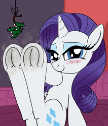Size: 3400x4000 | Tagged: safe, artist:littlenaughtypony, part of a set, rarity, pony, unicorn, g4, blushing, christmas, commission, fetish, frog (hoof), holiday, hoof fetish, looking at you, mistleholly, smelly, smelly hooves, solo, underhoof, ych result