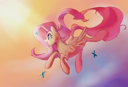 Size: 2048x1394 | Tagged: safe, artist:женьшеня, fluttershy, butterfly, pegasus, pony, g4, commission, cute, female, flowing mane, flying, looking away, mare, open mouth, outdoors, shyabetes, smiling, spread wings, wings