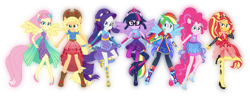 Size: 9000x3442 | Tagged: safe, artist:php178, derpibooru exclusive, applejack, fluttershy, pinkie pie, rainbow dash, rarity, sci-twi, sunset shimmer, twilight sparkle, equestria girls, equestria girls specials, g4, my little pony equestria girls: better together, my little pony equestria girls: spring breakdown, holding hands, humane five, humane seven, humane six, inkscape, ponied up, simple background, super ponied up, transparent background, vector, winged humanization, wings