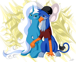 Size: 2425x1967 | Tagged: safe, artist:thebenalpha, oc, oc:fleurbelle, oc:lord ben maza, alicorn, pony, alicorn oc, blushing, bow, clothes, female, hair bow, hat, holding hands, horn, mare, shipping, simple background, transparent background, wings