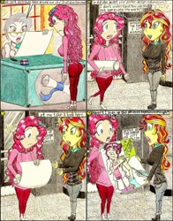 Size: 1024x1306 | Tagged: safe, artist:meiyeezhu, majorette, mayor mare, pinkie pie, sunset shimmer, sweeten sour, human, equestria girls, g4, advertisement, anime, bow, clothes, comic, cringing, desk, door, double buns, fountain pen, glasses, gloves, hair bun, high heels, hoodie, humanized, injection, inkwell, needle, odango, office, old master q, pain, pants, parody, poster, reference, rolled up sleeves, sad, scared, shoes, sign, skirt, slogan, surprised, syringe, vaccination, window