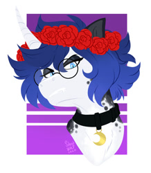 Size: 992x1140 | Tagged: safe, artist:silentwolf-oficial, oc, oc only, oc:moonlight lullaby, pony, unicorn, abstract background, bust, choker, eyeliner, female, floral head wreath, flower, glasses, horn, makeup, signature, solo, unicorn oc