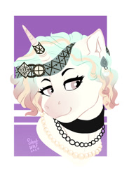 Size: 705x960 | Tagged: safe, artist:silentwolf-oficial, oc, oc only, pony, unicorn, abstract background, choker, horn, horn jewelry, jewelry, necklace, smiling, solo, unicorn oc