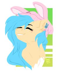 Size: 792x960 | Tagged: safe, artist:silentwolf-oficial, oc, oc only, earth pony, pony, abstract background, bunny ears, bust, earth pony oc, eyes closed, hat, signature, solo