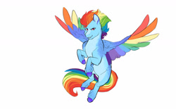 Size: 1440x890 | Tagged: safe, artist:silentwolf-oficial, rainbow dash, pegasus, pony, g4, alternate design, colored hooves, colored wings, colored wingtips, female, flying, mare, multicolored wings, rainbow wings, simple background, solo, white background, wings