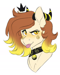 Size: 1513x1884 | Tagged: safe, artist:silentwolf-oficial, oc, oc only, pony, :p, blushing, bust, choker, crown, horns, jewelry, regalia, simple background, solo, tongue out, white background