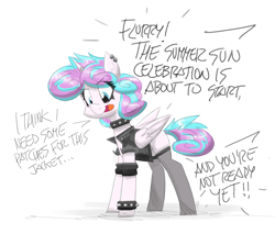 Size: 2968x2533 | Tagged: safe, artist:flutterthrash, princess flurry heart, alicorn, pony, g4, choker, clothes, dialogue, emo, female, high res, jacket, leather jacket, offscreen character, princess emo heart, socks, solo, spiked choker, spiked wristband, stockings, text, thigh highs, wristband