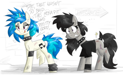 Size: 2900x1800 | Tagged: safe, artist:flutterthrash, dj pon-3, octavia melody, vinyl scratch, earth pony, pony, unicorn, g4, alternate hairstyle, bandaid, bruised, choker, clothes, dialogue, goth, gritted teeth, messy mane, pain, pain star, punk, shirt, spiked choker, tailcuff, text