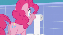 Size: 800x450 | Tagged: safe, artist:forgalorga, pinkie pie, earth pony, pony, your little cat 4, g4, animated, behaving like a cat, blinking, butt, cute, diapinkes, female, gif, looking at you, looking over shoulder, mare, plot, smiling, solo, surprised, toilet paper