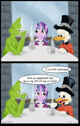 Size: 1450x2300 | Tagged: safe, artist:rockhoppr3, snowfall frost, starlight glimmer, bird, duck, pony, unicorn, g4, chocolate, clothes, comic, crossover, ducktales, ducktales 2017, food, hot chocolate, how the grinch stole christmas, mug, scrooge mcduck, speech bubble, table, the grinch