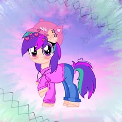 Size: 1080x1080 | Tagged: safe, artist:rxndxm.artist, oc, oc only, earth pony, pony, abstract background, blushing, clothes, earth pony oc, hat, hoodie, pants, raised hoof, solo
