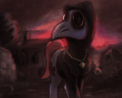 Size: 2500x2000 | Tagged: safe, artist:t72b, nurse redheart, earth pony, pony, g4, backlighting, dusk, high res, hood, jewelry, limited palette, pendant, plague doctor, plague doctor mask, smoke, solo, town, tree