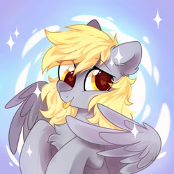 Size: 1500x1500 | Tagged: safe, artist:mirtash, derpy hooves, pegasus, pony, g4, abstract background, chest fluff, cute, derpabetes, eye clipping through hair, female, heart eyes, looking at you, mare, smiling, solo, tongue out, wingding eyes