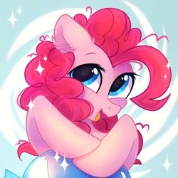 Size: 1500x1500 | Tagged: safe, artist:mirtash, pinkie pie, earth pony, pony, g4, abstract background, balloon, cute, diapinkes, female, heart eyes, looking at you, mare, messy mane, open mouth, smiling, solo, wingding eyes