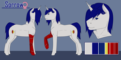 Size: 4941x2449 | Tagged: safe, artist:imreer, oc, oc only, oc:sorrow, pony, unicorn, amputee, bust, commission, female, horn, mare, prosthetic leg, prosthetic limb, prosthetics, raised hoof, unicorn oc, ych result