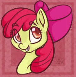 Size: 1280x1305 | Tagged: safe, artist:shylunaart, apple bloom, earth pony, pony, g4, adorabloom, bust, cute, eye clipping through hair, eyebrows, eyebrows visible through hair, female, filly, portrait, smiling, solo