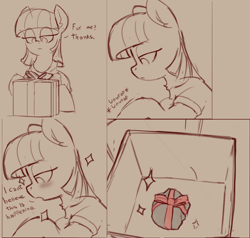 Size: 2066x1970 | Tagged: safe, artist:yoditax, maud pie, earth pony, pony, g4, blushing, box, comic, dialogue, female, gift wrap, lidded eyes, monochrome, present, ribbon, rock, sketch, solo, sparkles, that pony sure does love rocks