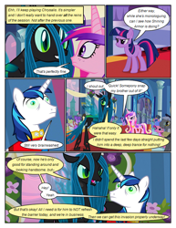 Size: 612x792 | Tagged: safe, artist:newbiespud, edit, edited screencap, screencap, berry punch, berryshine, bon bon, caesar, coco crusoe, count caesar, fine line, lyra heartstrings, masquerade, maxie, minuette, north star, ponet, princess cadance, queen chrysalis, royal ribbon, shining armor, sweetie drops, twilight sparkle, changeling, changeling queen, pony, unicorn, comic:friendship is dragons, a canterlot wedding, g4, angry, background pony audience, clothes, comic, dialogue, dress, female, frown, grin, hat, male, mare, mind control, monocle, screencap comic, smiling, stallion, top hat, unicorn twilight, wide eyes