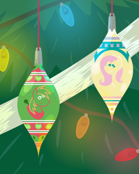 Size: 2088x2592 | Tagged: safe, anonymous artist, big macintosh, fluttershy, earth pony, pegasus, pony, series:fm holidays, series:hearth's warming advent calendar, g4, advent calendar, christmas, christmas lights, christmas ornament, christmas tree, close-up, decoration, female, high res, holiday, lineless, looking at each other, male, pointy ponies, ship:fluttermac, shipping, straight, tinsel, tree
