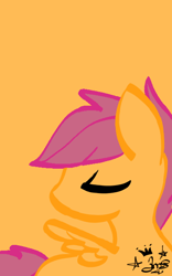 Size: 400x640 | Tagged: safe, artist:amgiwolf, scootaloo, pegasus, pony, g4, eyes closed, female, filly, looking back, signature, simple background, solo