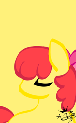 Size: 400x640 | Tagged: safe, artist:amgiwolf, apple bloom, earth pony, pony, g4, bow, eyes closed, female, filly, hair bow, looking back, signature, simple background, solo, yellow background