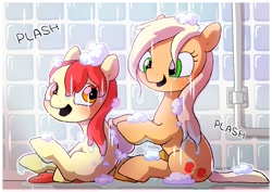 Size: 1457x1032 | Tagged: safe, artist:mochi_nation, apple bloom, applejack, earth pony, pony, g4, adorabloom, apple sisters, applebetes, bathing, bathing together, bonding, cute, duo, female, filly, innocence, innocent, jackabetes, mare, shower, sibling love, siblings, sisterly love, sisters, soap, soap bubble, sweet dreams fuel, wet, wet mane