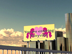 Size: 400x300 | Tagged: safe, billboard, caption, city, ponyville, ponyville flag, text