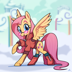 Size: 3150x3150 | Tagged: safe, artist:docwario, fluttershy, pegasus, pony, g4, clothes, cloud, cloudsdale, female, glasses, high res, hoof shoes, jacket, looking at you, mare, open mouth, rainbow, raised hoof, shoes, smiling, socks, spread wings, wings