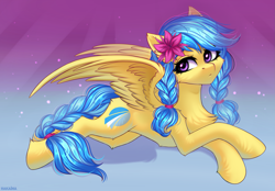 Size: 2475x1726 | Tagged: safe, artist:hakaina, oc, oc only, oc:jeppesen, pegasus, pony, braid, braided tail, chest fluff, commission, concave belly, cute, ear fluff, feather, female, flower, flower in hair, fluffy, gradient background, looking at you, lying down, mare, multicolored hair, pegasus oc, slender, solo, spread wings, thin, twin braids, wings, ych result, yellow fur