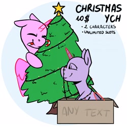 Size: 2160x2160 | Tagged: safe, artist:jellysketch, oc, alicorn, earth pony, pegasus, pony, unicorn, box, candy, christmas, christmas ball, christmas lights, christmas tree, commission, food, high res, holiday, stars, tree, your character here