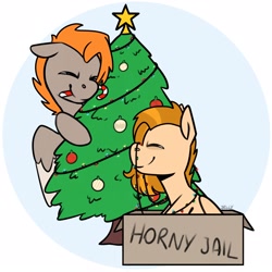 Size: 2160x2160 | Tagged: safe, artist:jellysketch, oc, oc only, oc:carmel, pegasus, pony, box, candy, candy cane, christmas, christmas lights, christmas tree, commission, eyes closed, food, happy, high res, holiday, horny jail, sitting, smiling, stars, tree, ych example, your character here