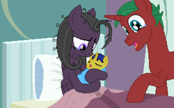 Size: 960x600 | Tagged: safe, artist:herooftime1000, oc, oc:bittersweet nocturne, oc:pepper patch, oc:sour note, pegasus, pony, unicorn, octavia in the underworld's cello, bed, crying, frazzled hair, hospital, hospital bed, newborn, pixel art, tears of joy