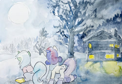 Size: 2000x1379 | Tagged: safe, artist:mandumustbasukanemen, bon bon, lyra heartstrings, sweetie drops, earth pony, pony, unicorn, g4, boots, clothes, duo, female, house, mare, moon, night, scarf, shoes, snow, traditional art, tree, watercolor painting, winter