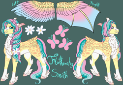 Size: 1178x814 | Tagged: safe, artist:malinraf1615, fluttershy, bat pony, pony, g4, alternate hairstyle, bat ponified, chest fluff, ear fluff, female, flower, flower in hair, flutterbat, green background, grin, hybrid wings, leg fluff, mare, markings, race swap, redesign, reference sheet, simple background, smiling, solo, unshorn fetlocks, wings
