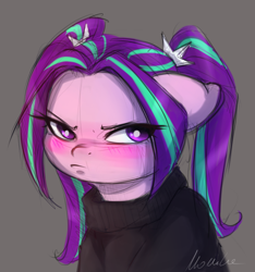 Size: 2280x2436 | Tagged: safe, artist:buttersprinkle, aria blaze, pony, equestria girls, g4, my little pony equestria girls: rainbow rocks, angry, aria blaze is not amused, ariabetes, blushing, bust, clothes, cute, ears back, equestria girls ponified, female, frown, gray background, grumpy, high res, madorable, mare, ponified, simple background, solo, sweater, tsundaria, tsundere, unamused